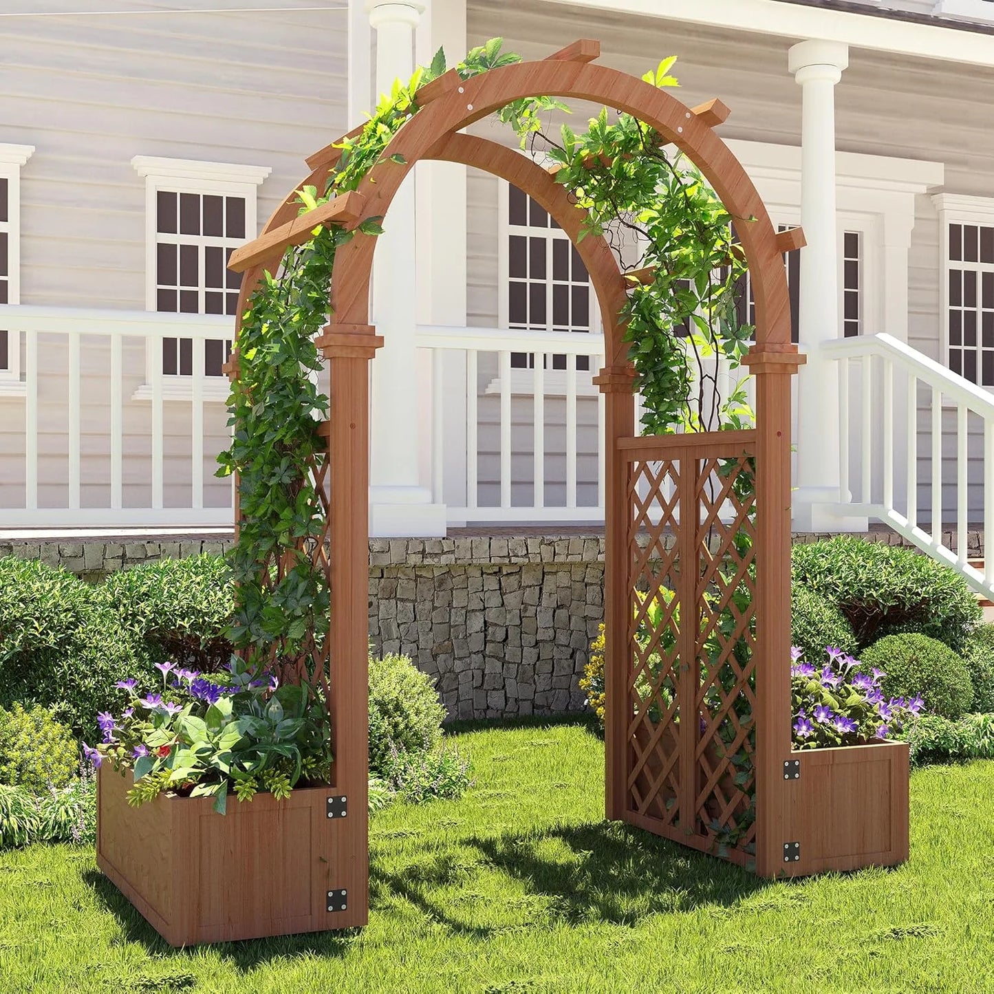 Wooden Garden Arbor with Planter& Swing,Outdoor Arbor Trellis for Climbing Plants, Roses, Vines, Outside Pergola Planter, Garden Arch for Lawn Backyard Wedding Ceremony Bridal Party