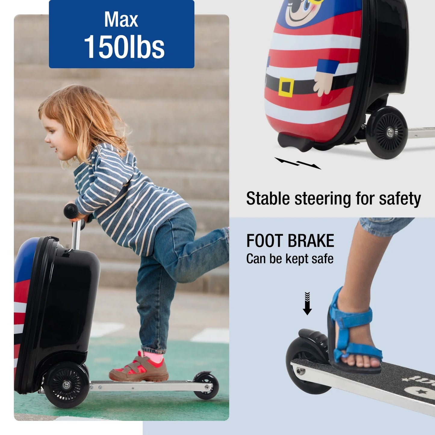 Kids Luggage Scooter, 3-Level Height Adjustable, Pirate Theme Foldable Carry-On Suitcase, Lightweight Ride-On Scooter