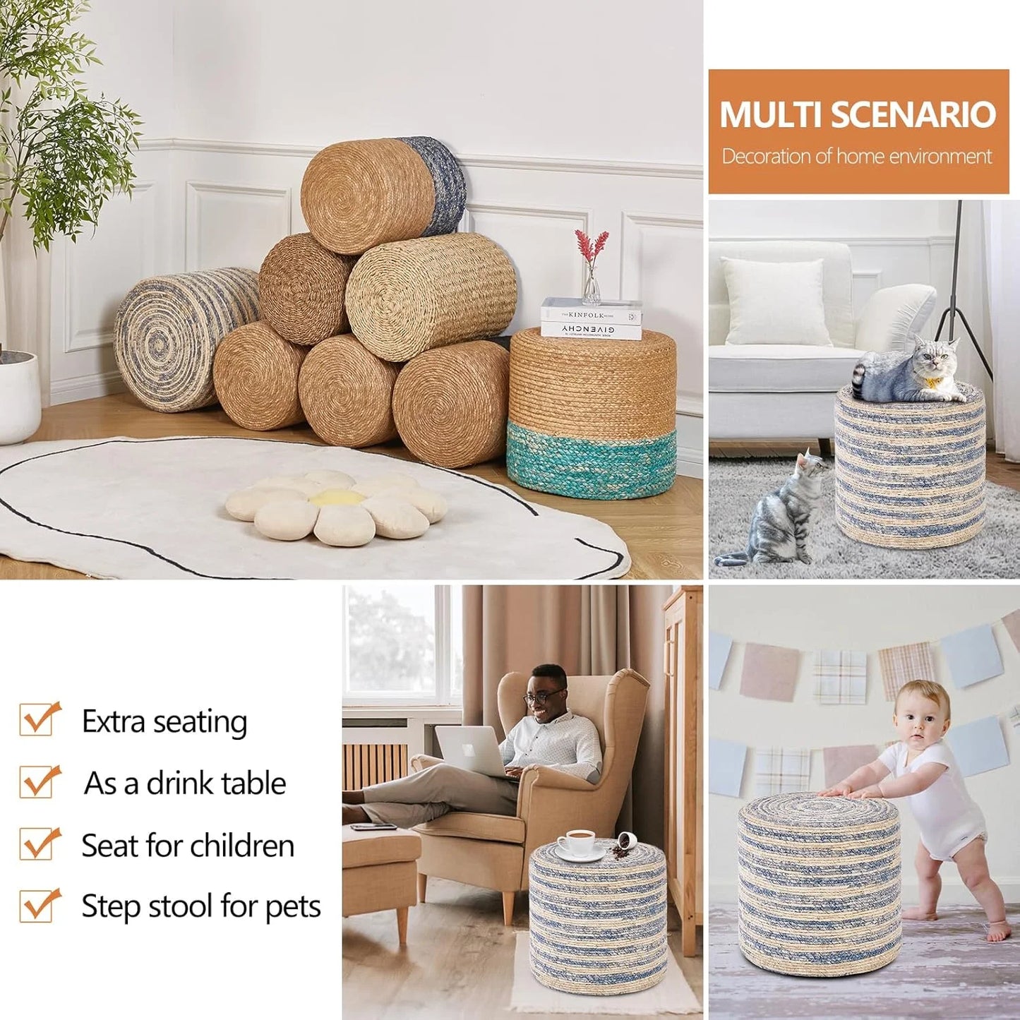 Wimarsbon 18'' Ottoman Pouf, Natural Braided Poof, Rustic Handweave Lounge Pouffe, Boho Footrest Stool for Bedroom, Accent Table for Living Room (Blue Corn Husk)