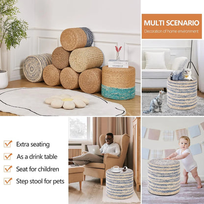 Wimarsbon 18'' Ottoman Pouf, Natural Braided Poof, Rustic Handweave Lounge Pouffe, Boho Footrest Stool for Bedroom, Accent Table for Living Room (Blue Corn Husk)