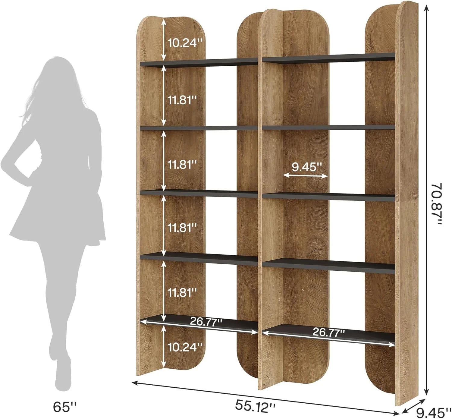 Fnova 70.8" Tall 5-Tier Bookshelf, Double Wide Bookcase with Open Shelves, Floor-Standing Display Storage Shelving Unit for Home Office, Bedroom Study