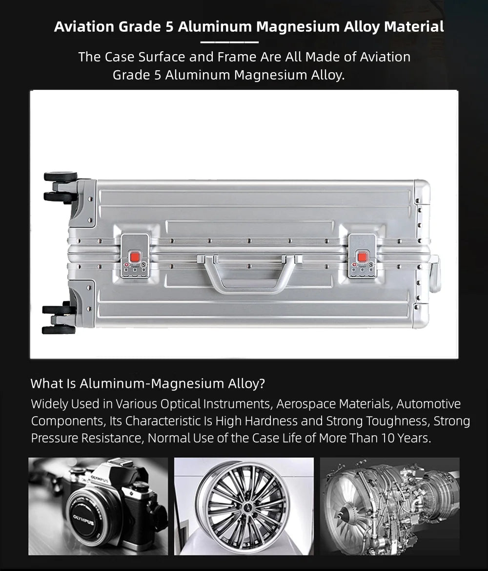 All Aluminum Magnesium Hardshell Carry On Luggage with Wheels, Hardside Carry on Suitcase with TSA Lock, Airline Approved Zipperless Suitcase Checked Luggage Metal Rolling Luggage