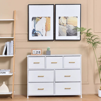 Bigroof 7 Drawer Fabric Dresser Accent White Dresser Chest Storage Organizer for Bedroom with Marbled WoodBoard and Artificial Leather for Living Room, Hallway, Entryway, Closet, Nursery, Kids Bedroom