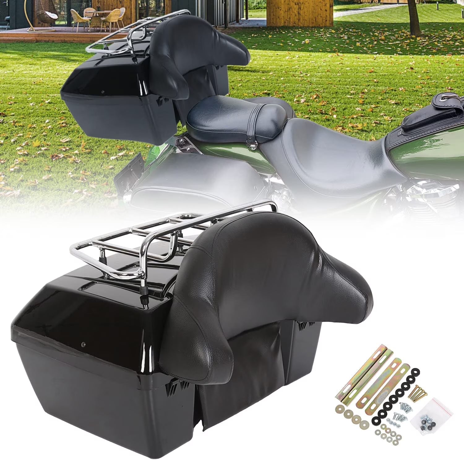 Kojem Motorcycle Trunk Tour Pack Luggage Universal for Harley Honda Yamaha Suzuki Cruiser Tail Box with Top Rack Backrest Black