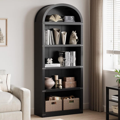 Bookcase 5 Shelf Arched Bookshelf 71.65in Tall Bookcase Farmhouse Display Storage Rack Wooden Bookshelves for Home Office, Living Room(white)