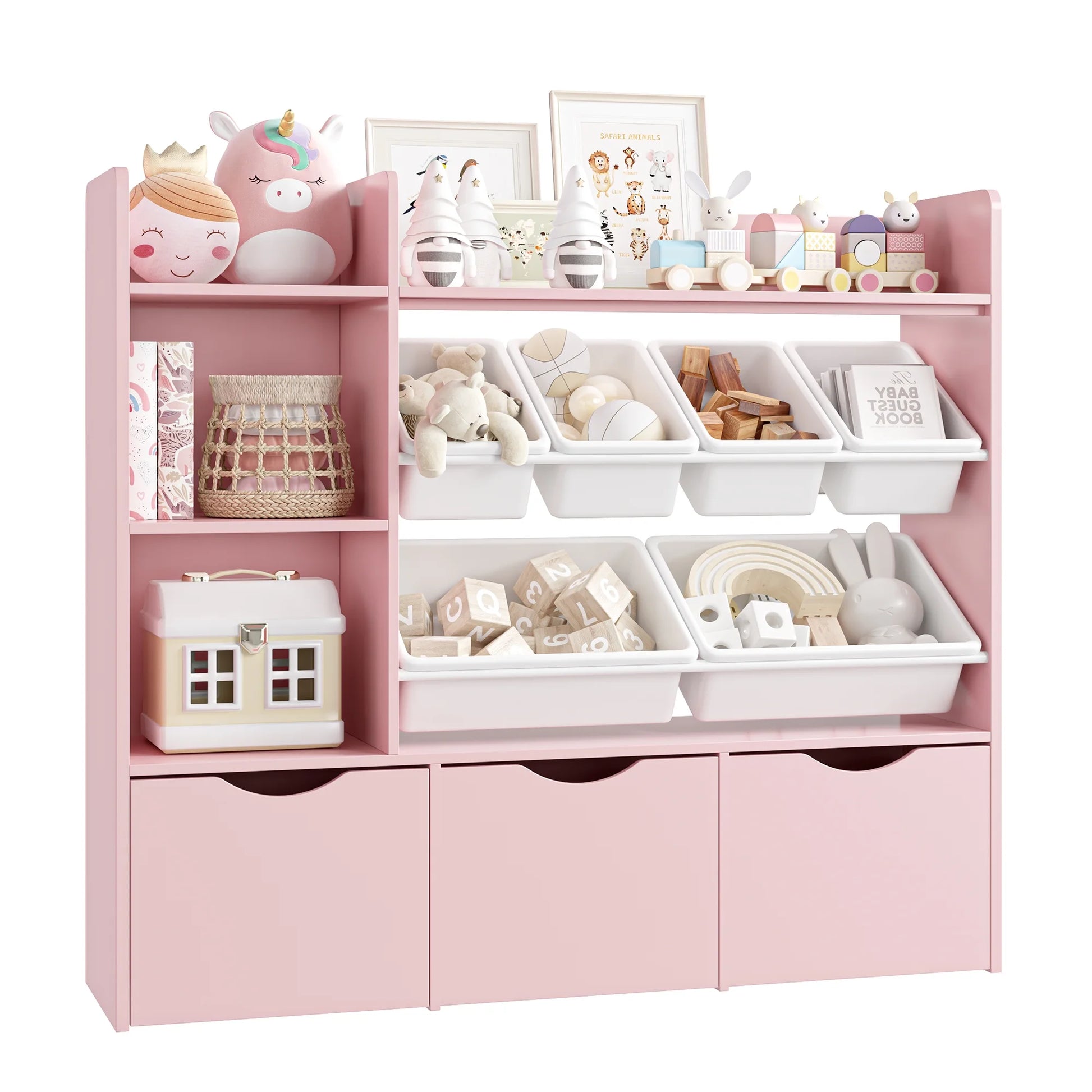 Homfa Kids Bookcase with 6 Storage Bins, Multi-Purpose Toy Organizers Bookshelf with 3 Drawers for Bedroom Nursery Playroom, White