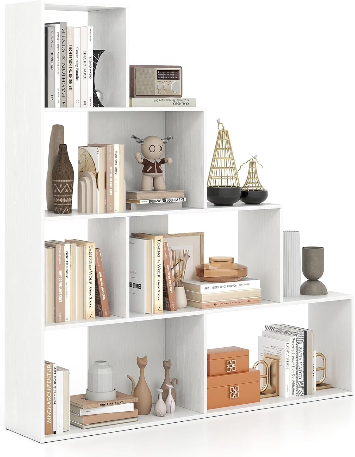 JTYUB 4-Tier Stepped Bookshelf, Freestanding 6 Cubes Ladder Bookcase with Anti-Tipping Kits, 64" Tall Modern Wooden Storage Display Rack for Home Office Living Room Study ,1 PCS,Natural
