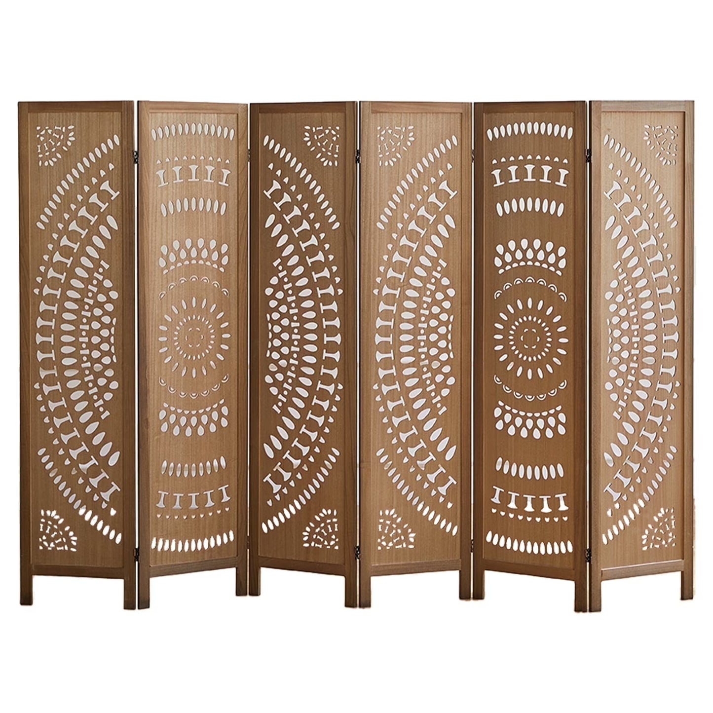 Aletheiawu 6 Panel Wood Carved Room Dividers, Folding Screens, No Installation Required, Light Brown
