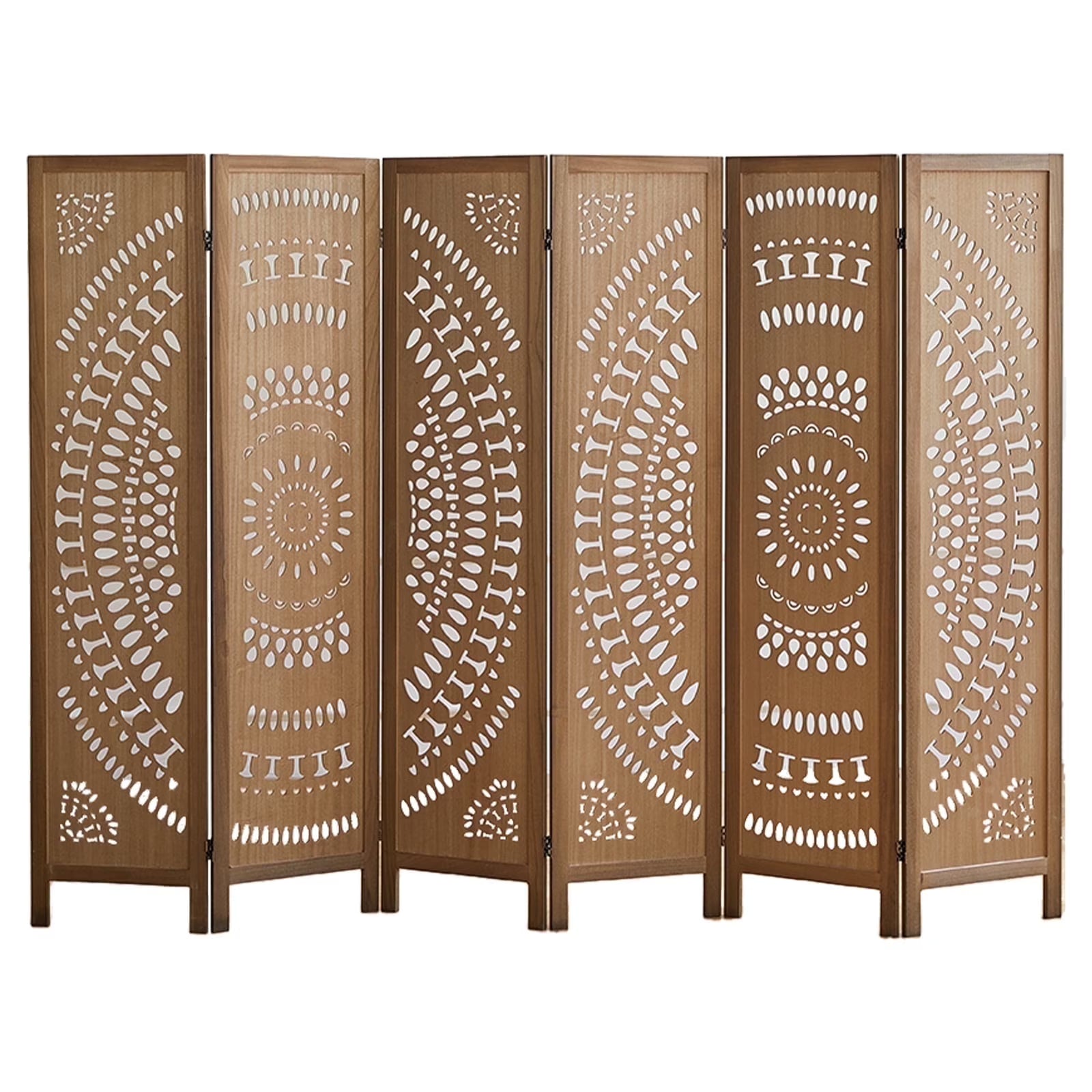 Aletheiawu 6 Panel Wood Carved Room Dividers, Folding Screens, No Installation Required, Light Brown