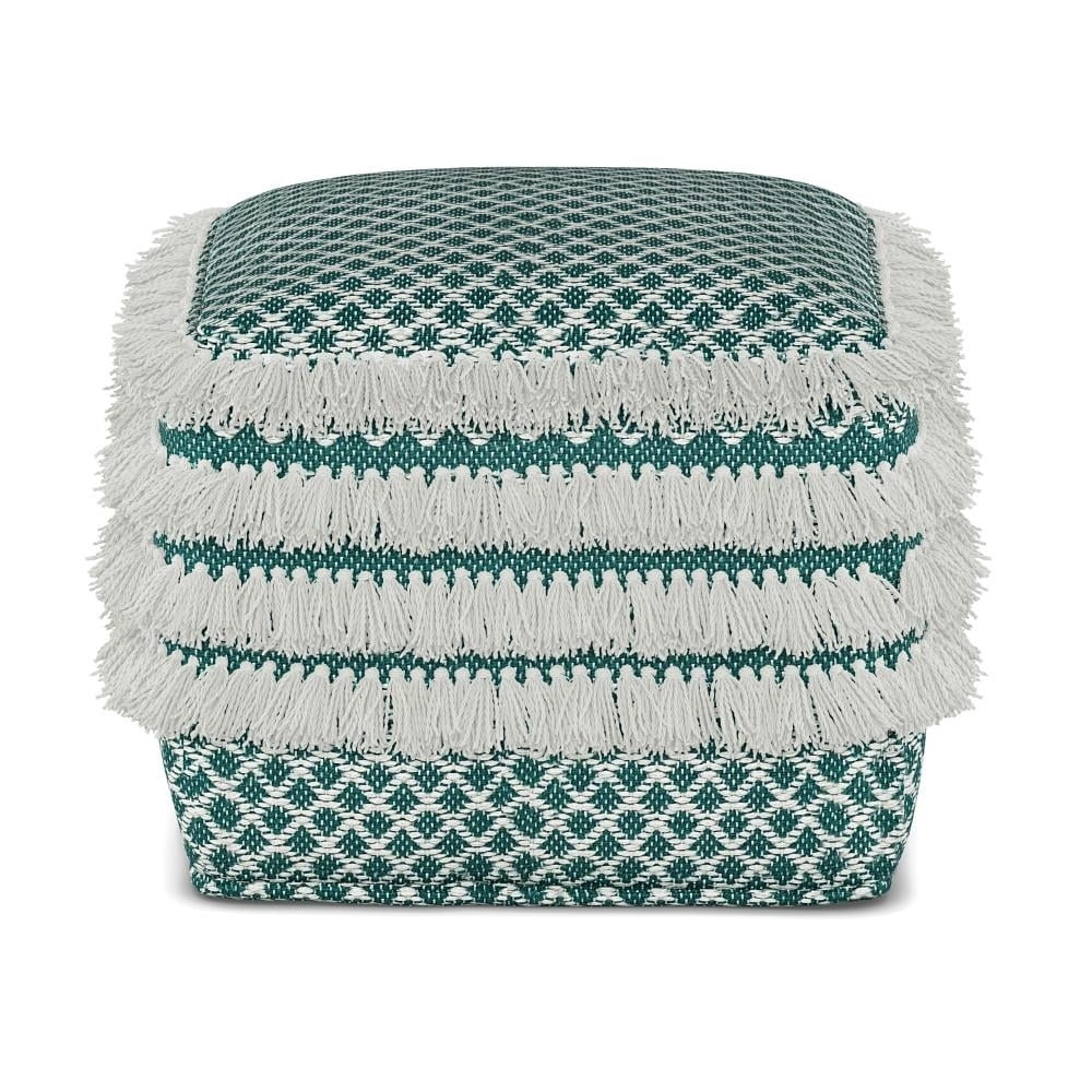 Simpli Home Leah Boho Square Woven Pouf in Turquoise and White