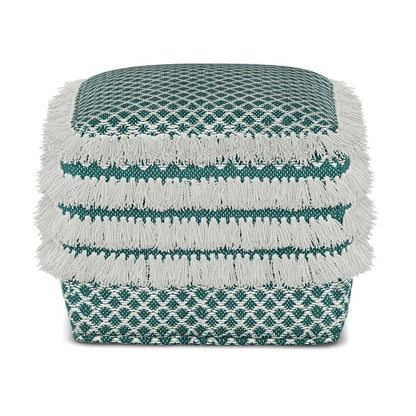 Simpli Home Leah Boho Square Woven Pouf in Turquoise and White