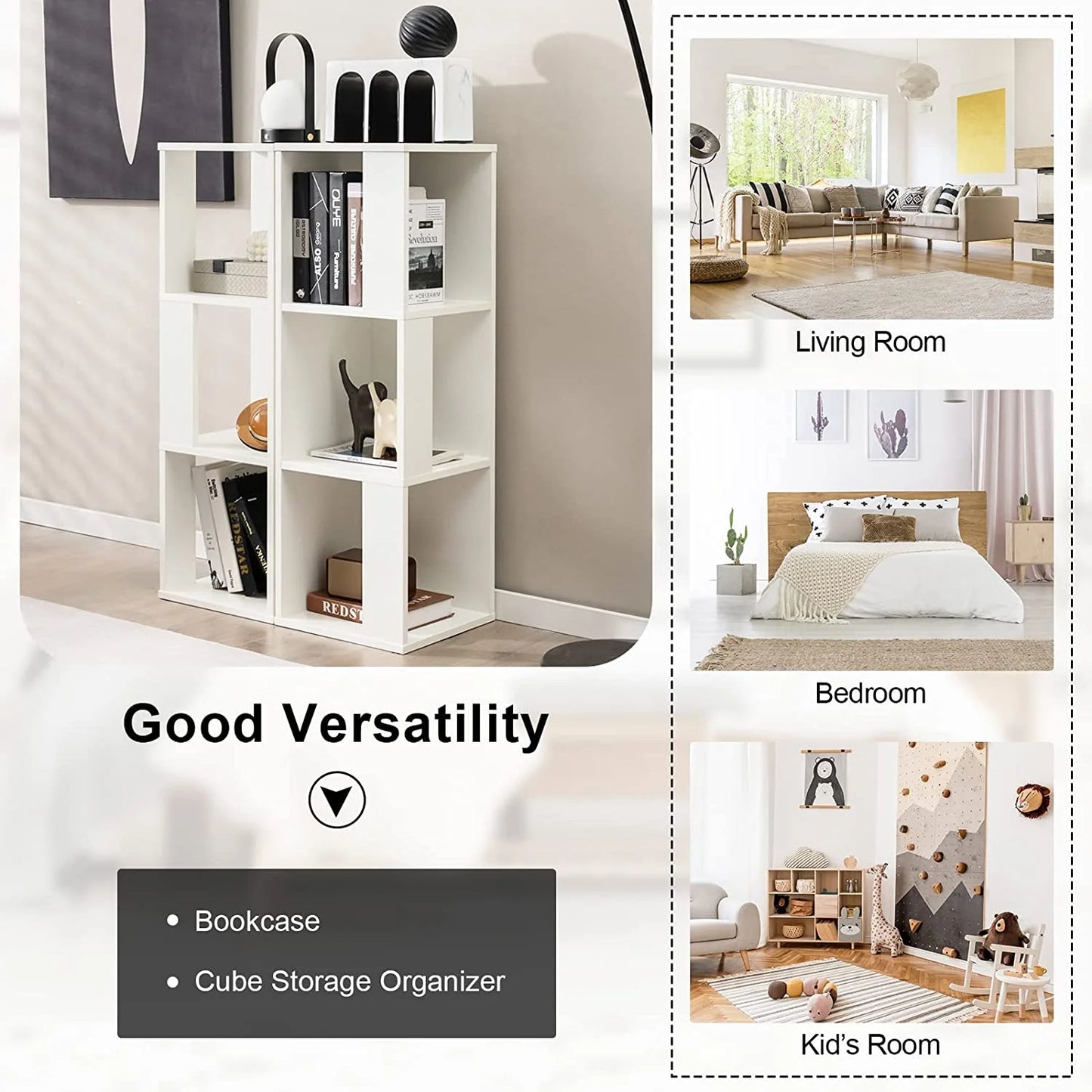 3 Cube Bookcase Set of 2, Modern Bookshelf w/Cubical Storage Shelves, Wood Bookshelves & Bookcases, Small Book Shelf for Bedroom, Living Room, Home Office (White)
