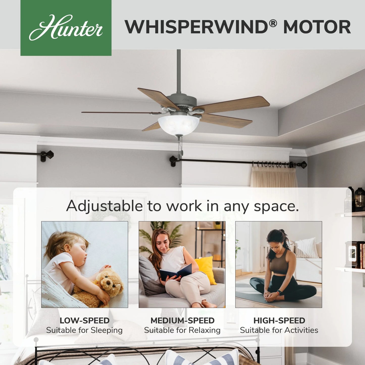Hunter - Swanson Indoor Ceiling Fan With Light, 52-inch, Matte Silver, Traditional-style, 3-speed WhisperWind Motor, 50909, for living rooms, bedrooms, home offices, kitchens