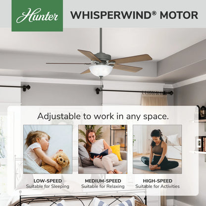Hunter - Swanson Indoor Ceiling Fan With Light, 52-inch, Matte Silver, Traditional-style, 3-speed WhisperWind Motor, 50909, for living rooms, bedrooms, home offices, kitchens
