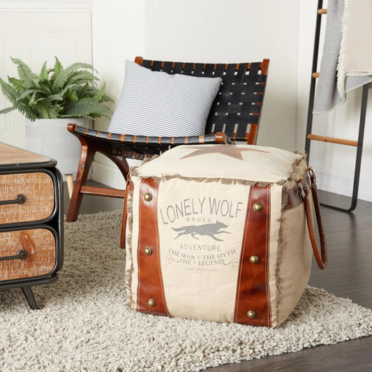 DecMode Rustic and Organic Square Ottoman Fabric Pouf features White Canvas and Brown Leather Handles with "Lonely Wolf" and Star Designs, 20"W x 19"H