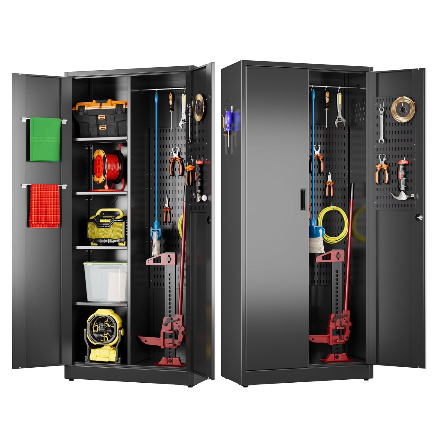 Aobabo 71.41''H Metal Garage Storage Cabinet with Lockable Doors and Hanging Rod,Broom Closet Storage Cabinet with Pegboard and Adjustable Shelves for Home Office School,Required Assembly,Black