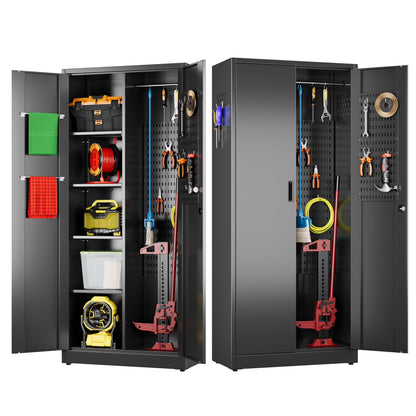 Aobabo 71.41''H Metal Garage Storage Cabinet with Lockable Doors and Hanging Rod,Broom Closet Storage Cabinet with Pegboard and Adjustable Shelves for Home Office School,Required Assembly,Black