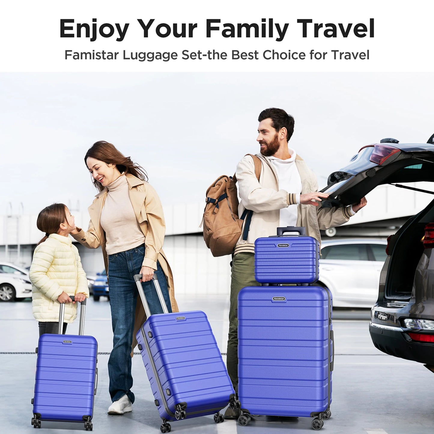 Famistar Carry On Luggage Suitcase Set 4 Piece - ABS Hardshell Luggage with Embedded TSA Lock, 360 ° Double Spinner Wheels - 14” Travel Case, 20” Carry On Luggage, 24” and 28” Checked Luggages, Blue