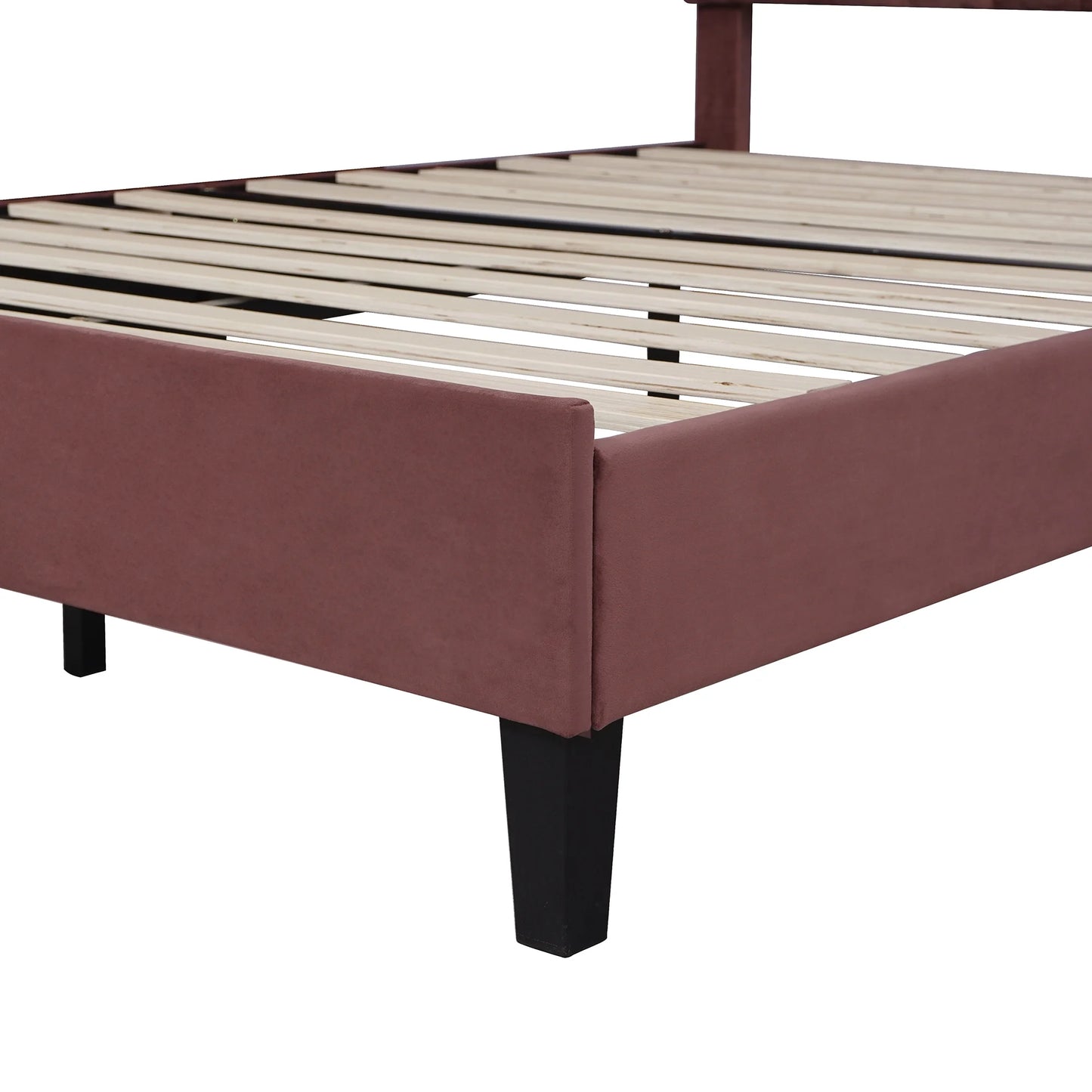 CITYLE Queen Size Upholstered Platform Bed with Flower Pattern Velvet Headboard, Queen Bed Frame for Kids and Adults, Bean Paste Red