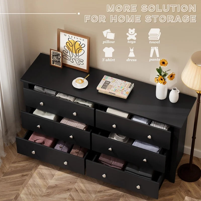 Lumihaven Rustic Modern Chest of 6 Drawers,Extra Wide Double Dresser for Master Bedroom or Nursery Storage,Black
