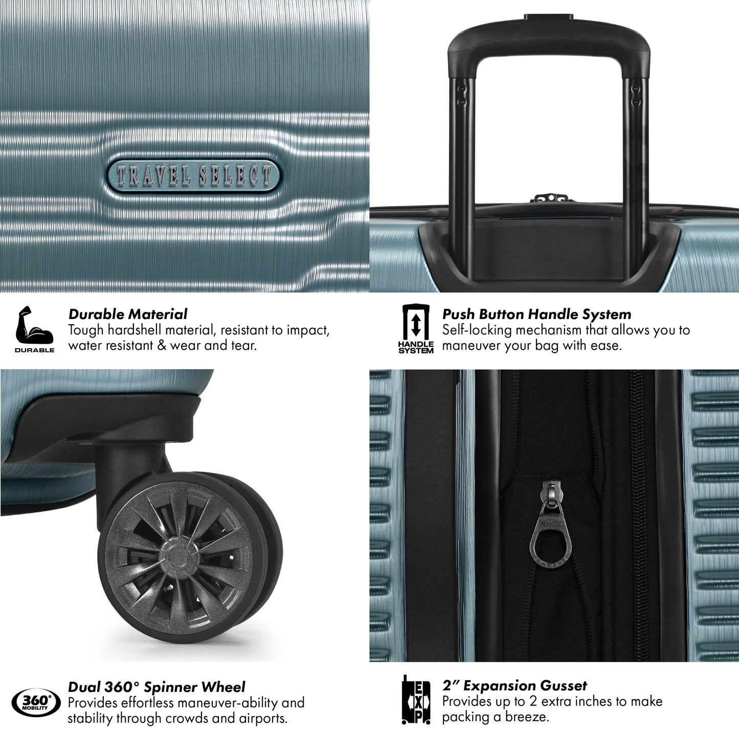 Travel Select Sunny Side Hardside Spinner Luggage with USB Port, Slate Blue, 22" Carry-On