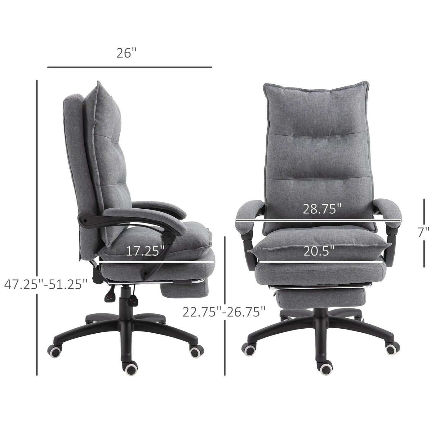 Office Chair Vinsetto 360° Swivel Executive Home Office Chair Adjustable Height Linen Style Fabric Recliner with Retractable Footrest and Double Padding, Grey,Ergonomic Office Chair
