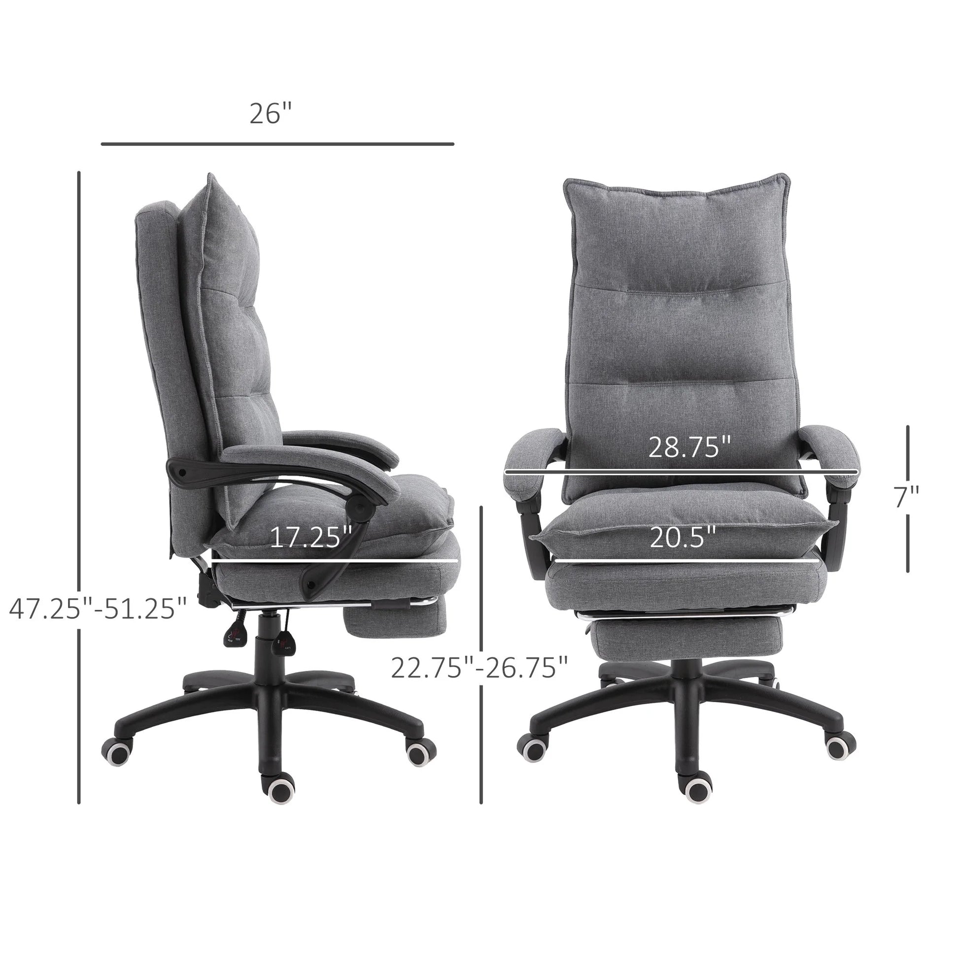 Office Chair Vinsetto 360° Swivel Executive Home Office Chair Adjustable Height Linen Style Fabric Recliner with Retractable Footrest and Double Padding, Grey,Ergonomic Office Chair