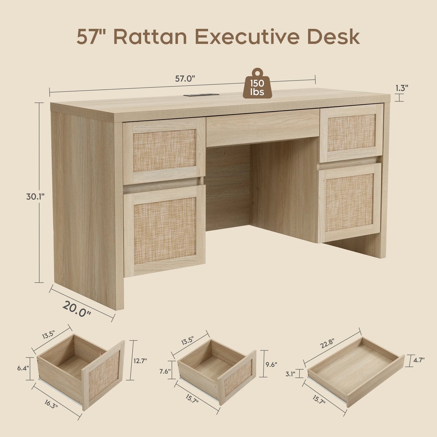 Brafab Home Office Desk with Charging Station, 5-Drawer Executive Desk with Rattan Front, Modern Farmhouse Computer Writing Desk, Built-in USB/Type-C Ports & Outlets