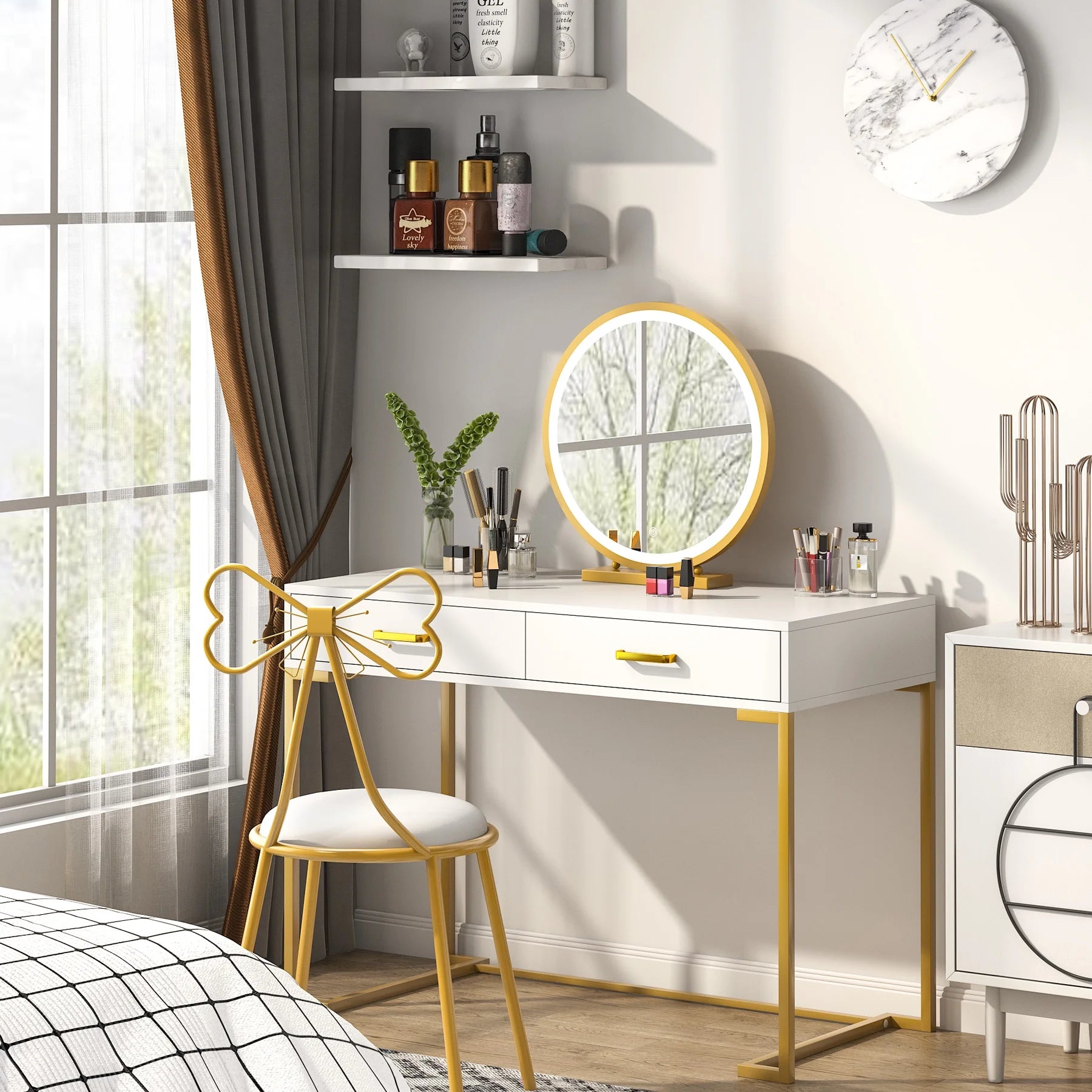 Tribesigns Modern 40" Makeup Dresser or Home Office Computer Laptop Writing Desk with Two Storage Drawers, White Top and Gold Metal Frame