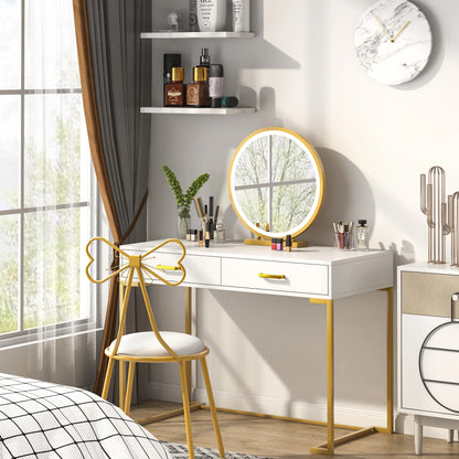 Tribesigns Modern 40" Makeup Dresser or Home Office Computer Laptop Writing Desk with Two Storage Drawers, White Top and Gold Metal Frame
