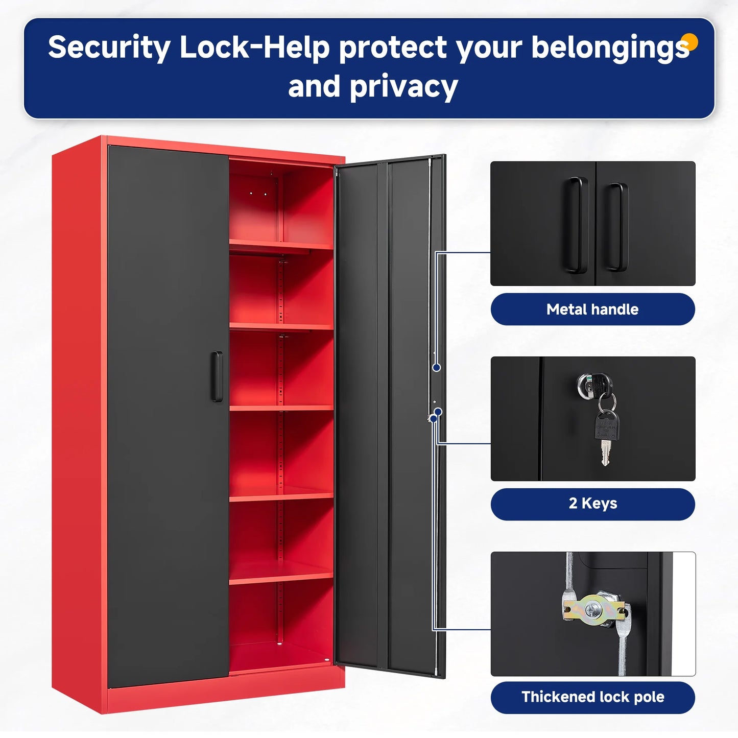 AUHUP 71" Metal Cabinet with Locking Doors and 5 Adjustable Shelves, Red Black Garage Storage Cabinet for Warehouse, Basement, Home Office, Tool File Storage Utility Cabinets