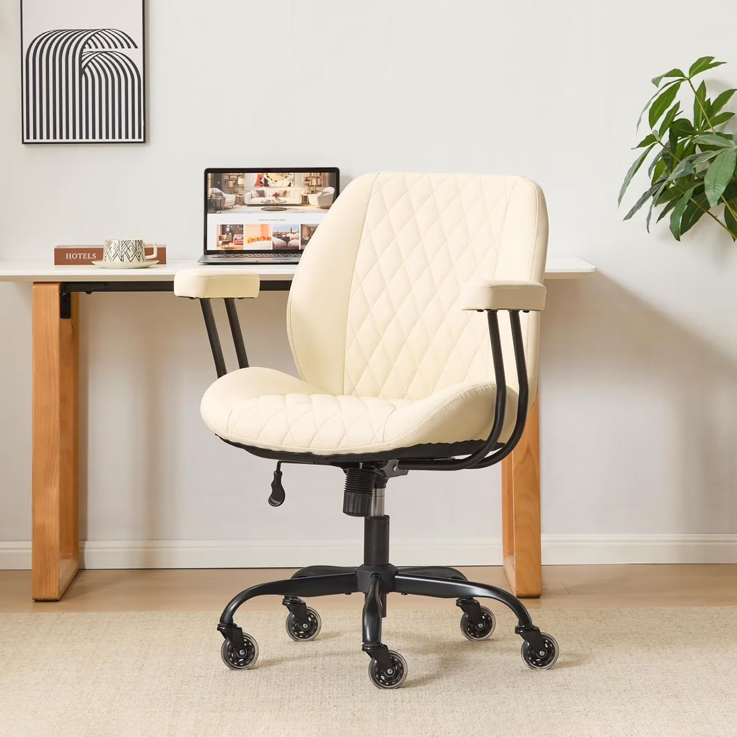 QW Home Office Desk Chair Office Rubber Casters Ergonomic Computer Chair with Lumbar Support Adjustable Height Rolling Swivel Executive Task Armrests Chair Brown Leather