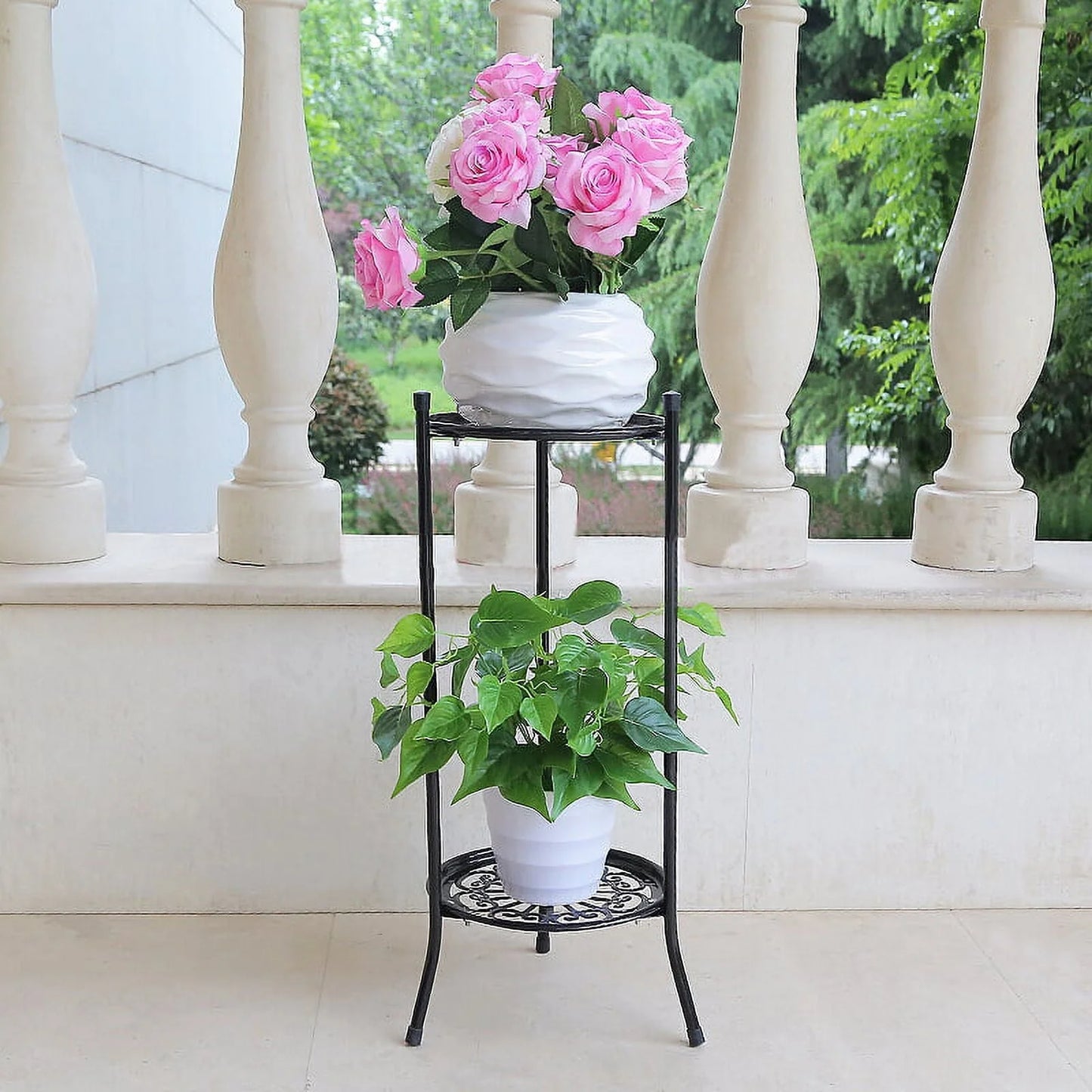 2 Tier Metal Plant Stand, Round Plant Shelf Flower Pot Rack Modern Planter Holder for Garden Patio Indoor Outdoor Black White