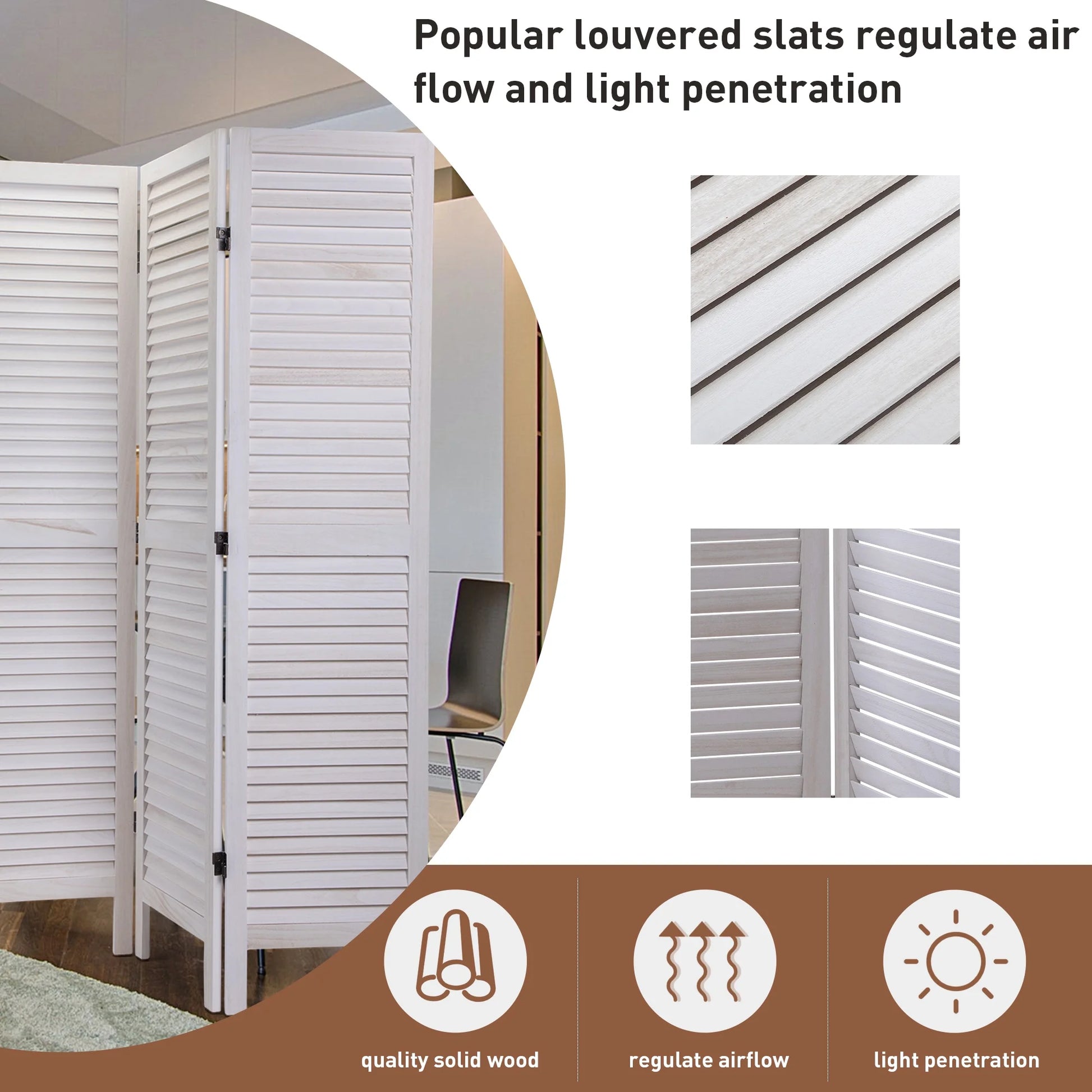 Jaxpety 4 Panel Room Divider Folding Privacy Screen Louvered Partial Partition, Aged White