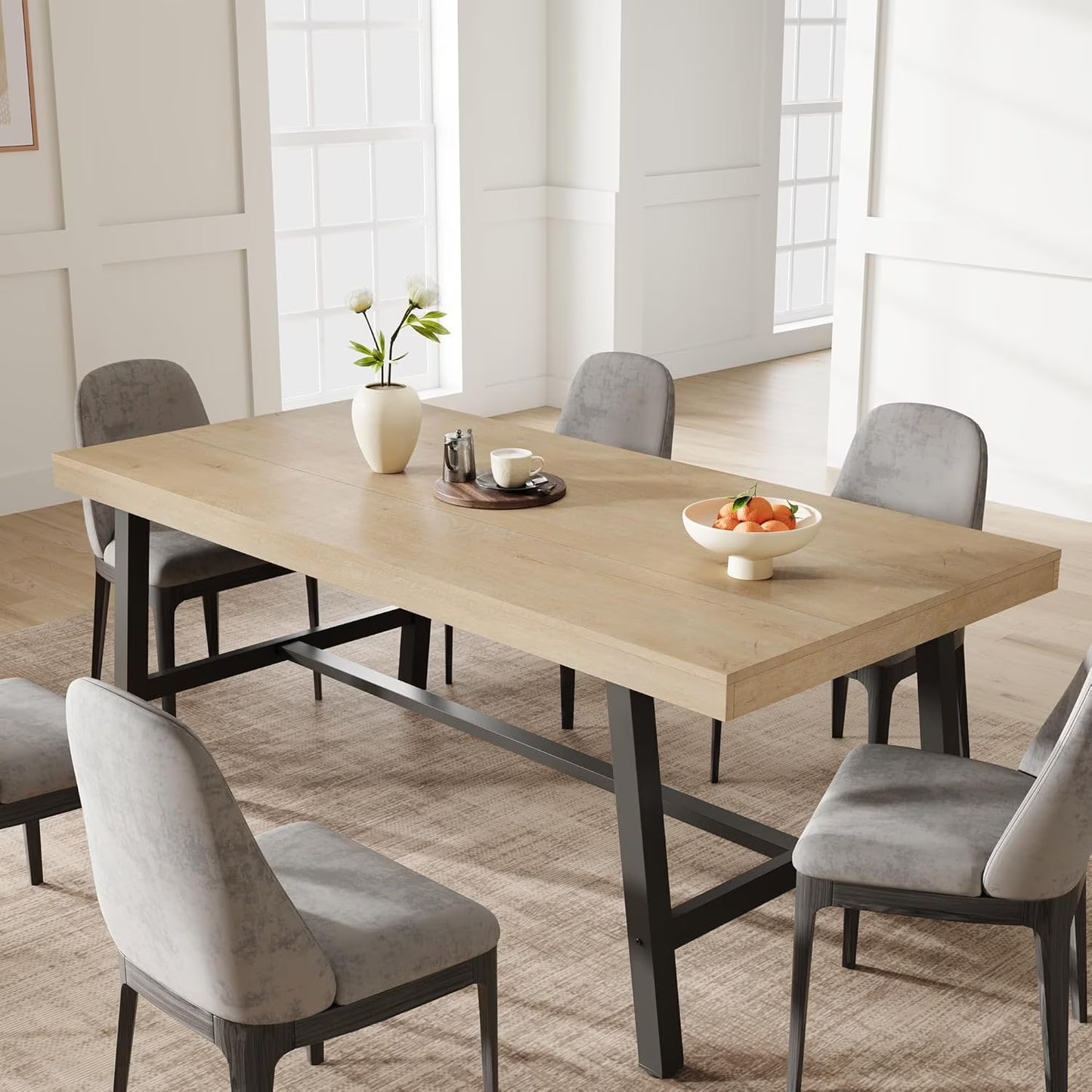 70 Inch Farmhouse Dining Table for 6 to 8, Large Rectangular Dinner Table for Dining Room, Home Office, Living Room, Gray