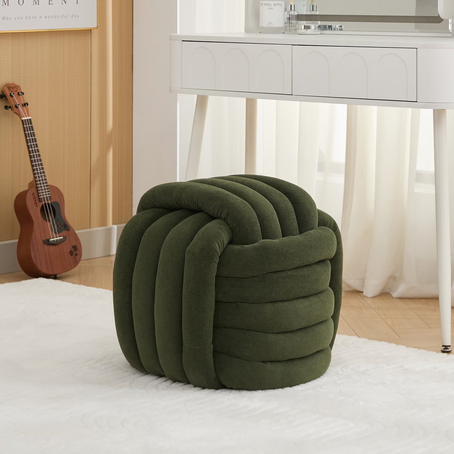 Modern Ottoman Footstool, Chenille Braided Foot Stool with Sponge Filling, Exquisite End Table Pouf Stool Soft Shoe Stool, Green