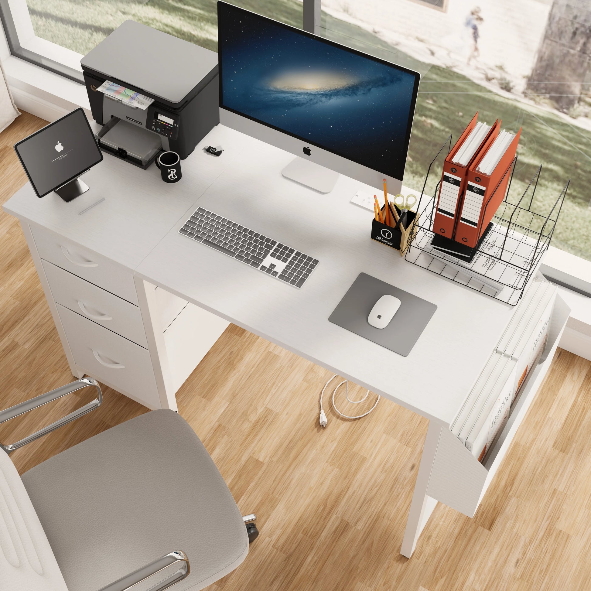 New 47.3" Computer Desk with Power Outlets, Small Home Office Desk with 3 drawers,Side Pocket, Gaming Desk, Modern Study Desk, Laptop Desk, White