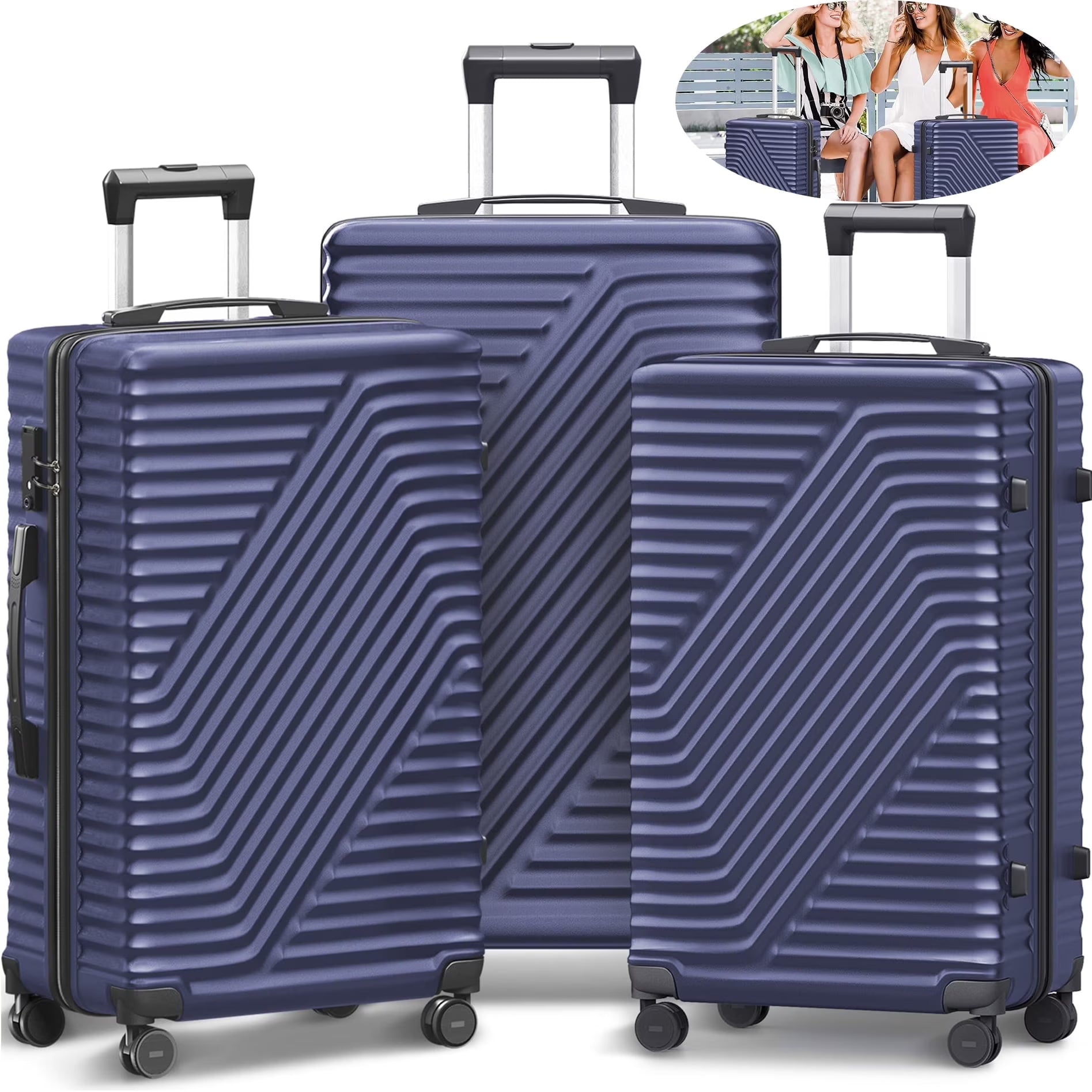 SUGIFT 3 Piece Luggage Sets, 20/24/28 inch Suitcase Sets with Spinner Wheels, Hardside Luggage Set, Dark Black