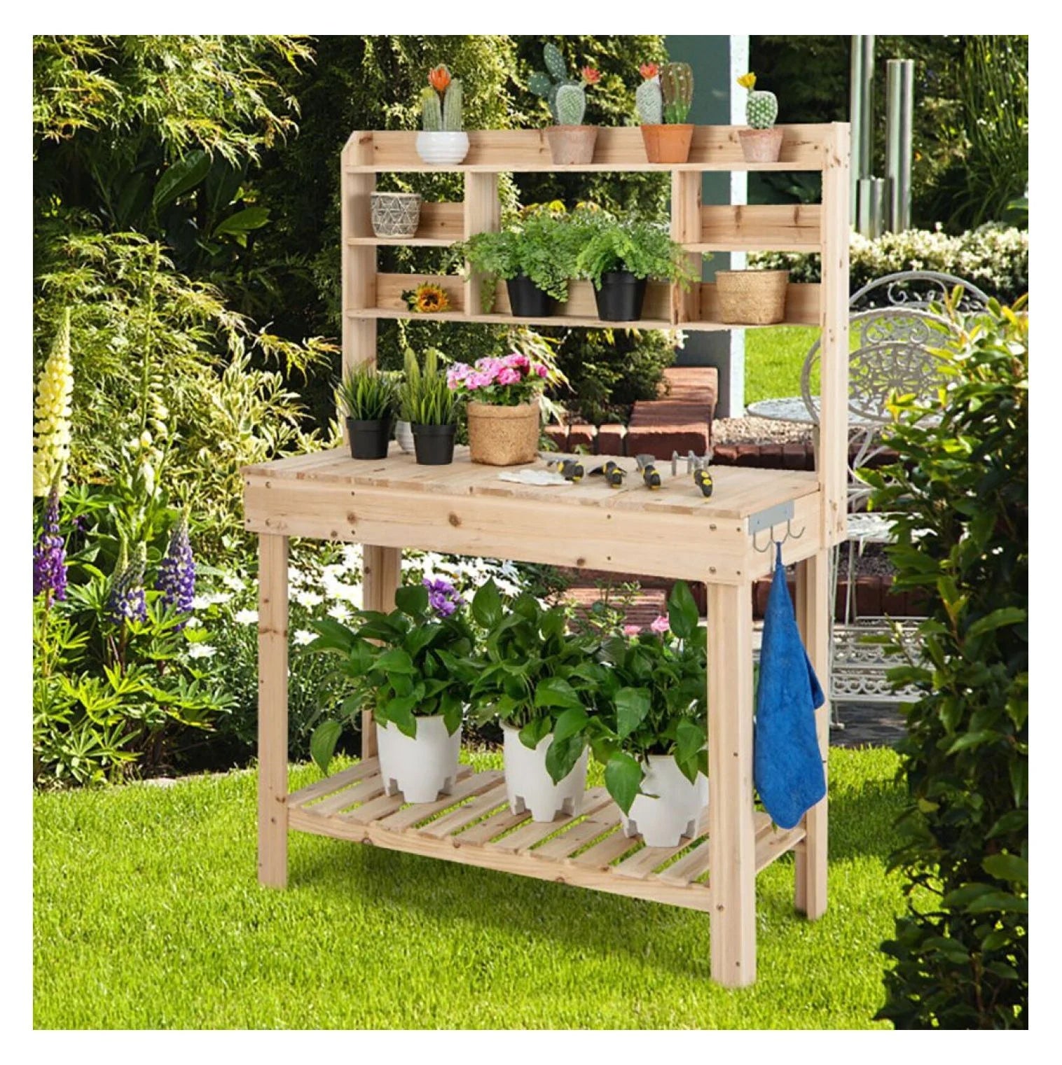 Garden Potting Bench Table with Display Rack & Sink - Outdoor Workstation for Plants, Tools & Gardening - Fir Wood - 43.5" x 19.5" x 60.5"