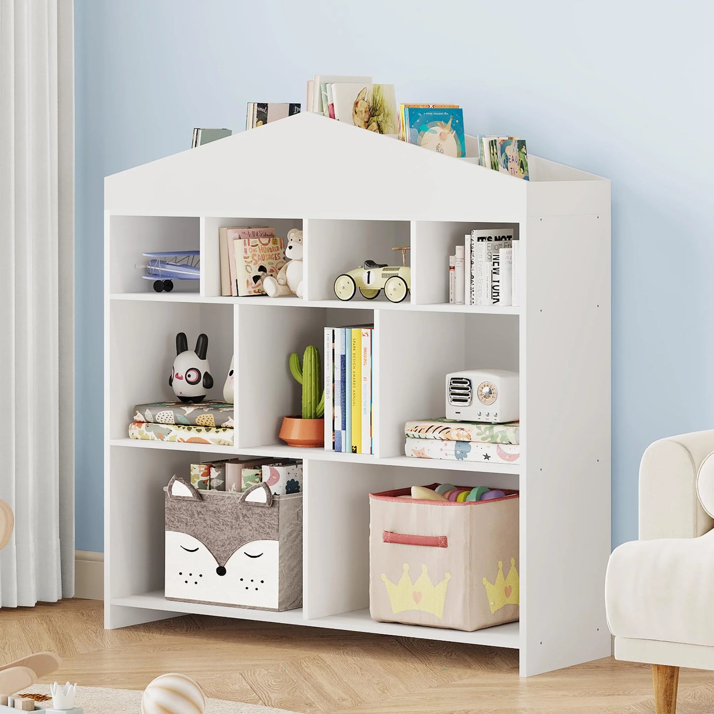 DSstyles Kids Bookshelf 9-Cubby Toy Storage Organizer White Bookcase Toddlers Playhouse Cabinet Shelf for Boys Girls Wooden Storage Toy Shelf for Playroom, Nursery, Kids Room