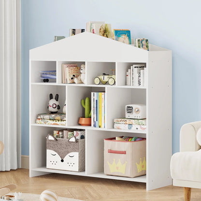 DSstyles Kids Bookshelf 9-Cubby Toy Storage Organizer White Bookcase Toddlers Playhouse Cabinet Shelf for Boys Girls Wooden Storage Toy Shelf for Playroom, Nursery, Kids Room