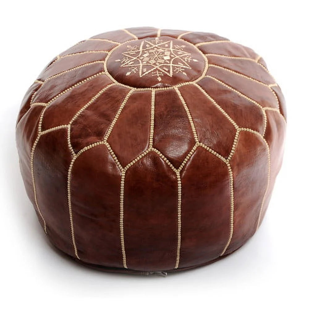 BeldiNest Moroccan Genuine Leather Pouf Ottoman - Pre-Filled, Handmade, Round Ottoman, Bohemian Footstool, Perfect Home Ottoman Footrest, Size: D20" H14"- Turquoise