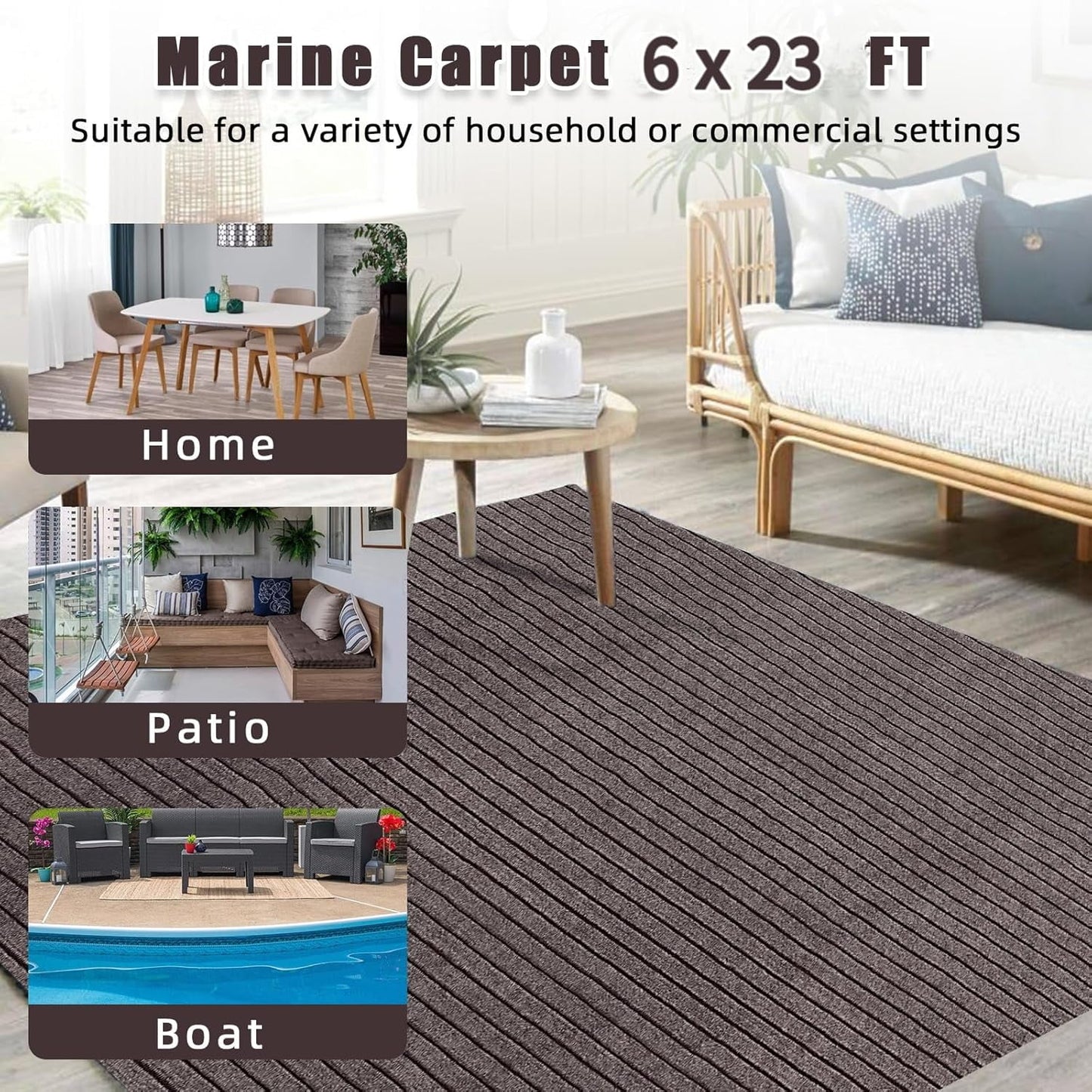 M optimized Marine Carpet, 6FT*23FT Boat Carpet Rugs,for Outdoor Patio Deck, Camping, TPR Non-Slide, Water-Proof, Stripe Brown