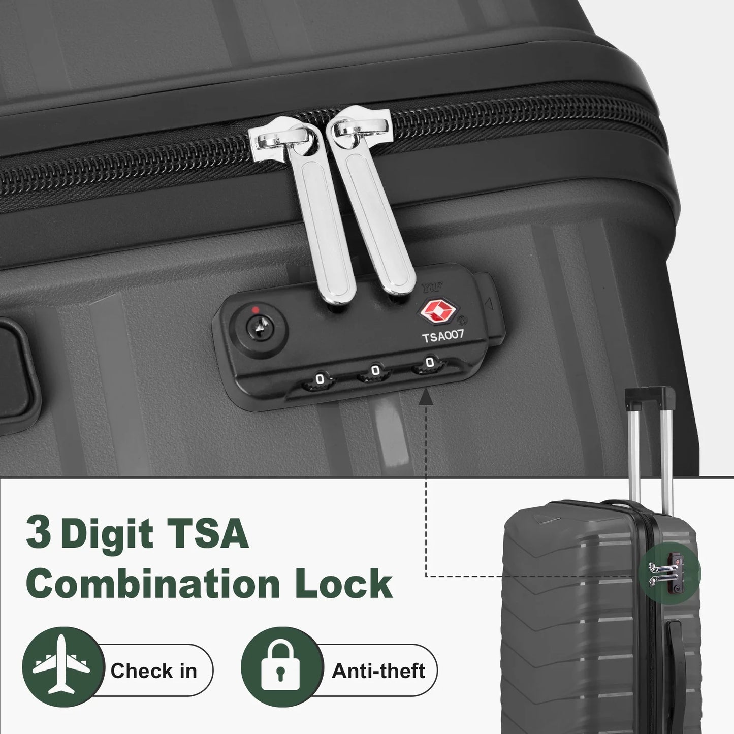 Zimtown 3 Piece Suitcases, PP Hard Shell Suitcase 20" 24" 28" Luggage Sets Double Wheels with TSA Lock, Dark Gray