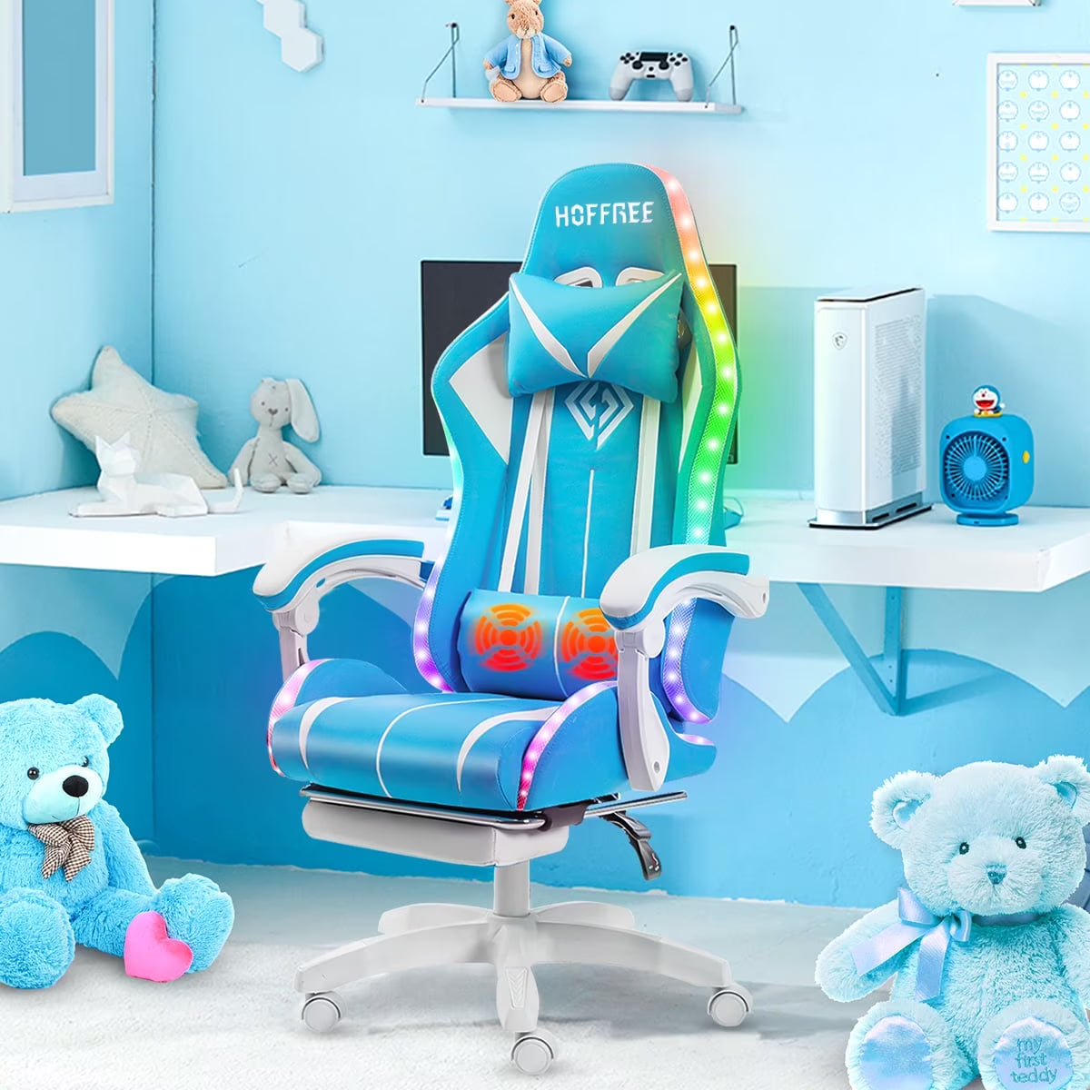 Hoffree Gaming Chair with Massage PU Leather Office Chair with Footrest and LED Light Ergonomic Gamer Chair Lumbar Support Adjustable Headrest High Back Computer Desk Chair for Home Office