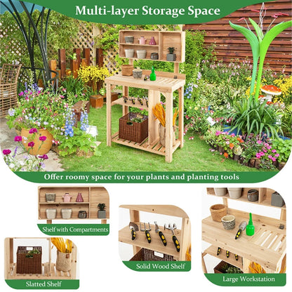 Topcobe Garden Wooden Potting Table Workstation with Storage Shelf, Planters for Outdoor Plants, Raised Planter Box with Legs