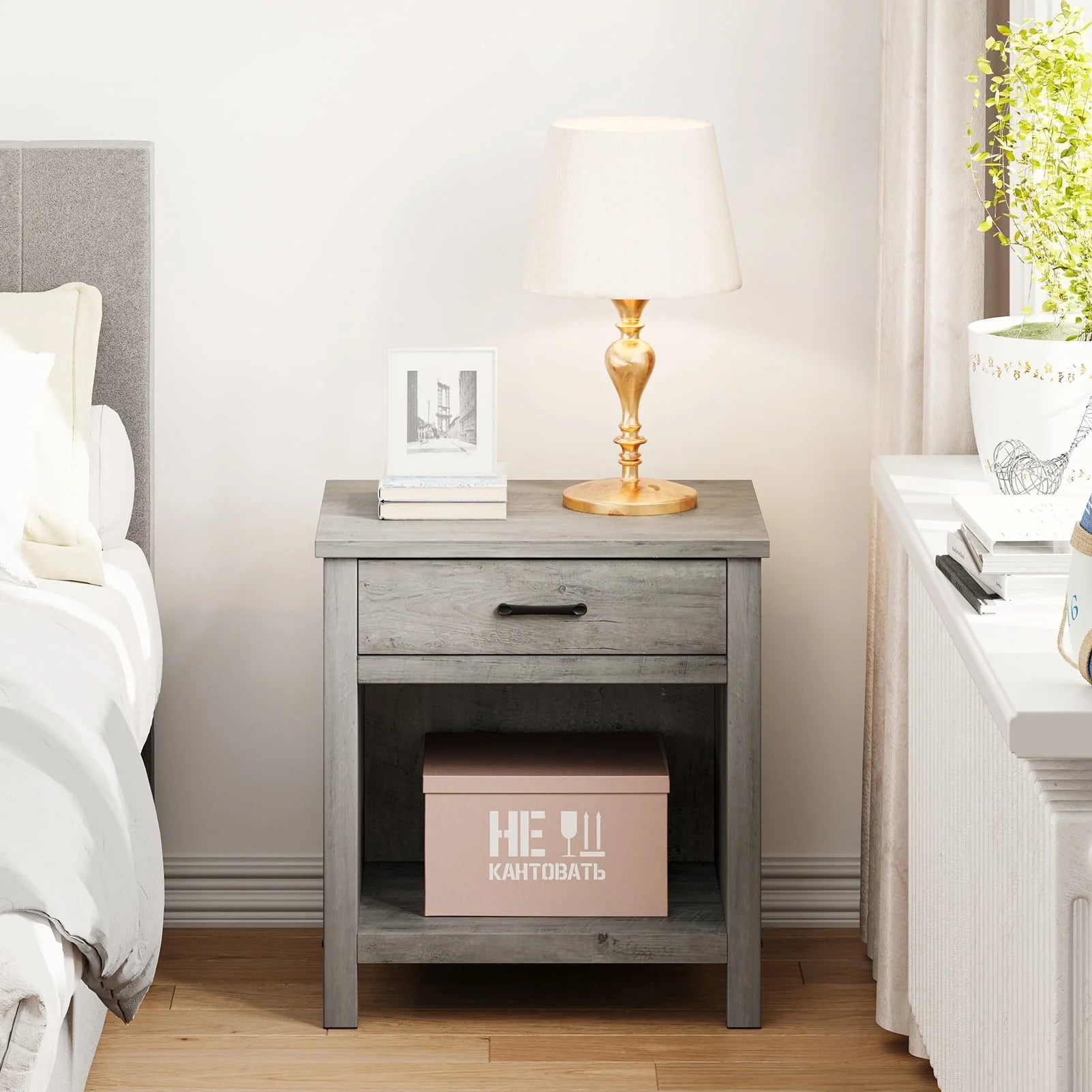 Wooden Nightstand Side Table, Bedside Table End Table for Bedroom Nursery Living Room with Storage Drawer, Rustic Grey