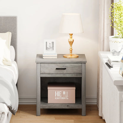 Wooden Nightstand Side Table, Bedside Table End Table for Bedroom Nursery Living Room with Storage Drawer, Rustic Grey