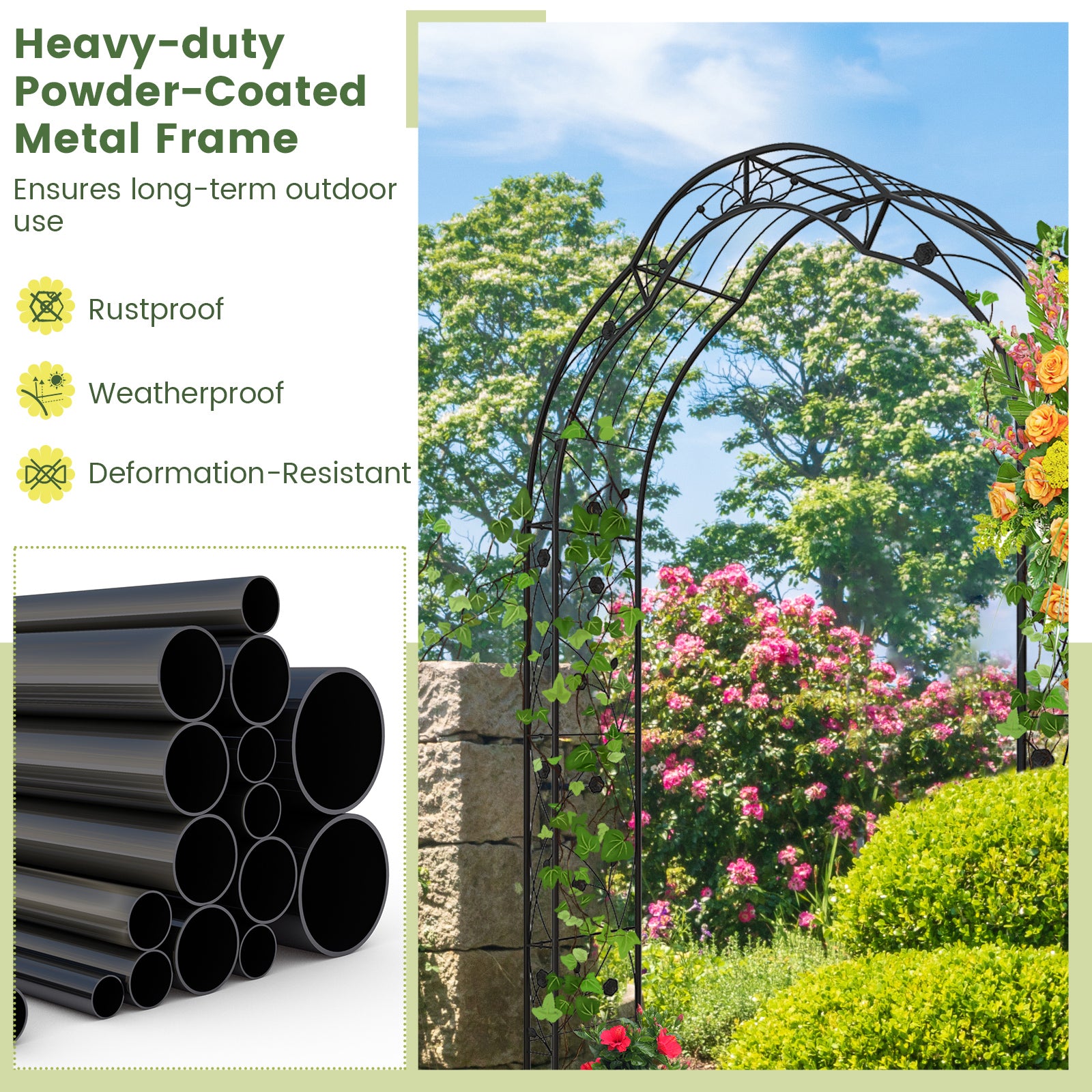 Topbuy Garden Arch Arbor Trellis, 2 Half Arches 99° Tall Metal Arbour Archway for Climbing Plants Roses Vines