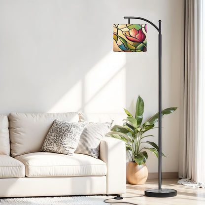 Arc Floor Lamp, 3 Color Temperatures Modern Floor Lamps Flowes Flower Floral Oil Adjustable Tall Standing Reading Lamp with Linen Texture Shade for Living Room, Bedroom, Office